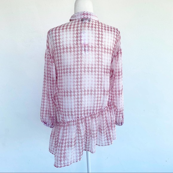 Topshop Pink Check Tiered Long Sleeve Asymmetrical Blouse Button Down Shirt - Picture 12 of 12
